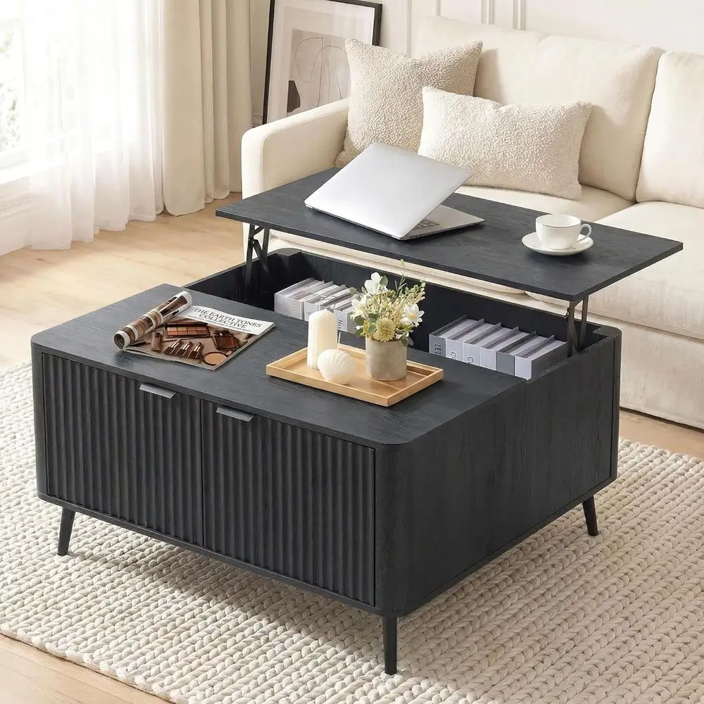 

Oversized 35.4 Square Coffee Table with Storage, Modern Centerpiece for Living Room, Black/Grey