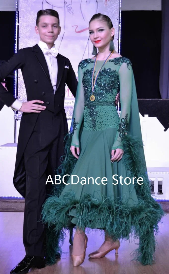 Modern Waltz Tango Ballroom Dance Dress,Smooth Dress,Standard Ballroom Dress ,Competition Costume Long Sleeve dark green