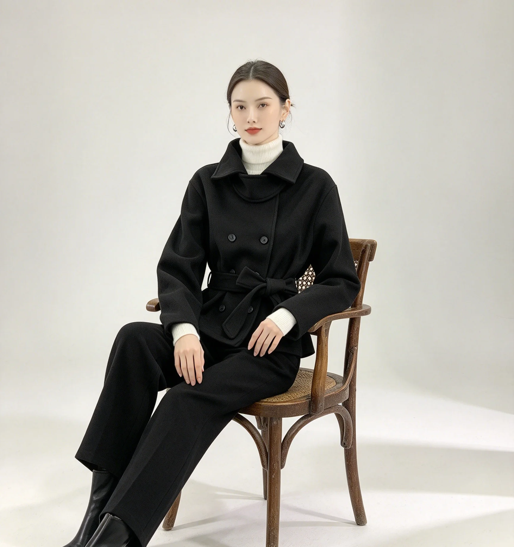 Autumn and Winter College Style Black Baseband Design Short Women's Slim-fit Jacket