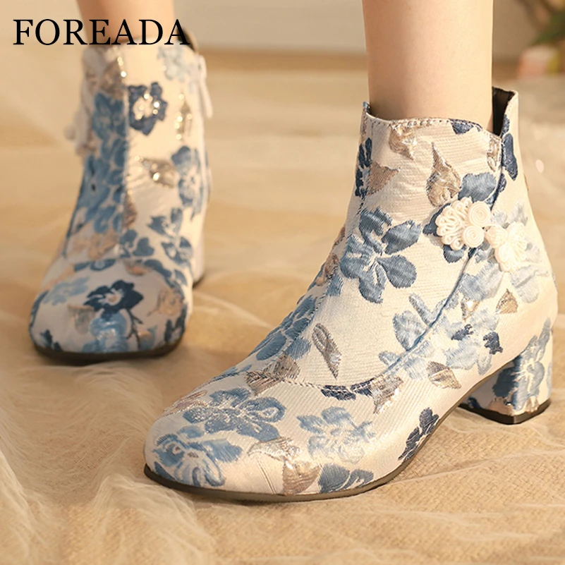 FOREADA Women Ankle Boots Round Toe Thick Mid Heels Embroidery Flower Zipper Short Boots Ladies Fashion Shoes Winter Apricot 44