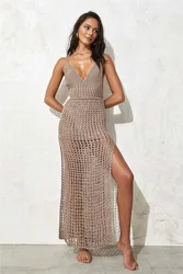 Women's Boho Backless Strap Beach Dress Summer Deep V High Split Knitted Swimsuit Long Bikini Cover-Up Holiday Fashion