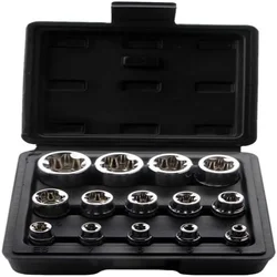 Female E Torx Socket Set with Case, 1/4, 3/8, 1/2 in. Drive E4-E24 External Torque Star Socket Kit, 14Pcs