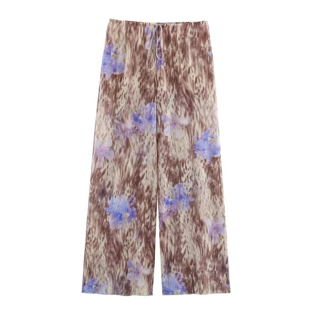 Women's V-neck Printed Silk Mesh Double breasted Top and Pants Spring/Summer New Women's Clothing