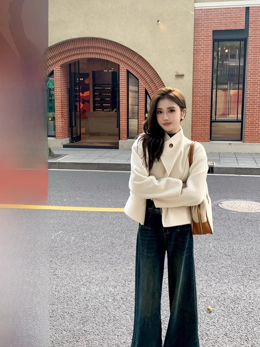 

Женское шерстяное двустороннее пальто Huazuo малого размера, весенне-осеннее, элегантное, на одной пуговице, вязаное, куртка-жакет