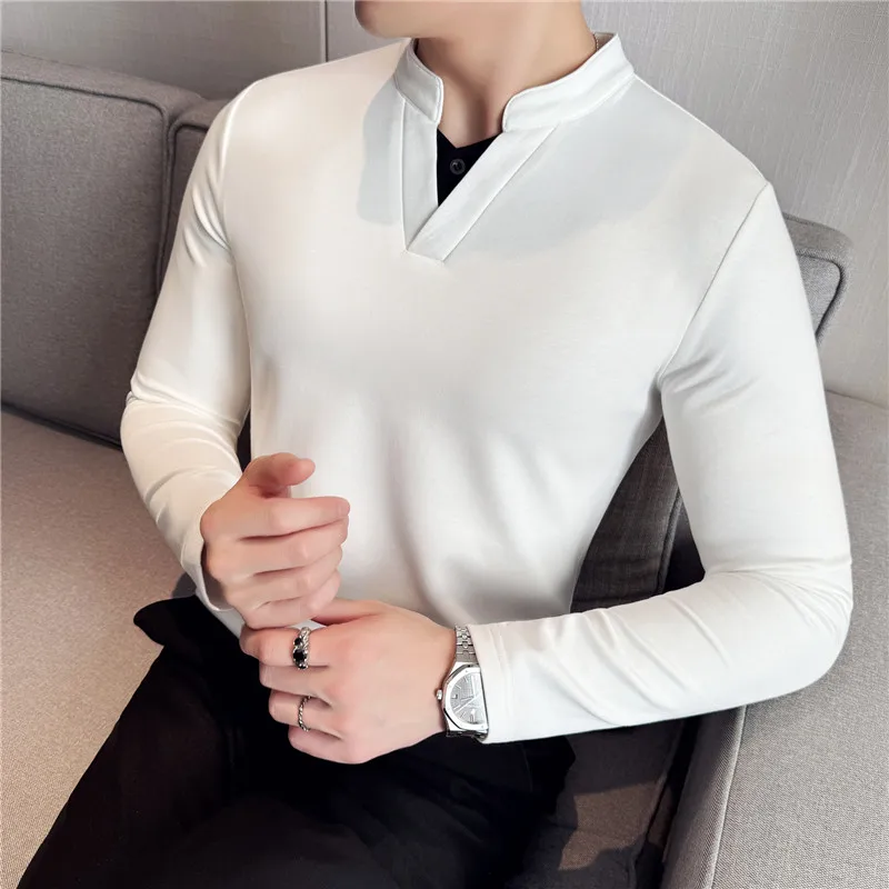 Elastic T-shirt Man Cotton Stacked Patchwork Two-piece Design Men Slim Fit V Neck Contrast Color Long Sleeve Base Tee White 4xl