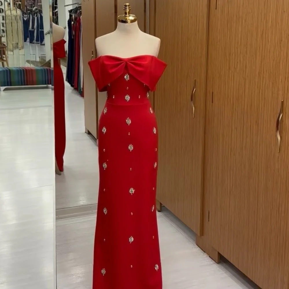 

Customized Modern Style Exquisite Jersey Bow Rhinestone Beading Straight Off-the-shoulder Long Dresses Bespoke Occasion Dresses