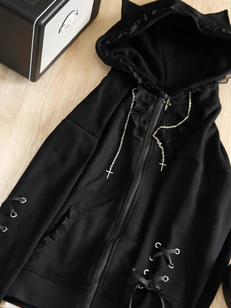 Felpa con cappuccio subcultura gotica vintage autunnale da donna manica lunga giapponese dolce pizzo nero cappotto con cappuccio moda casual cappotto allentato nuovo