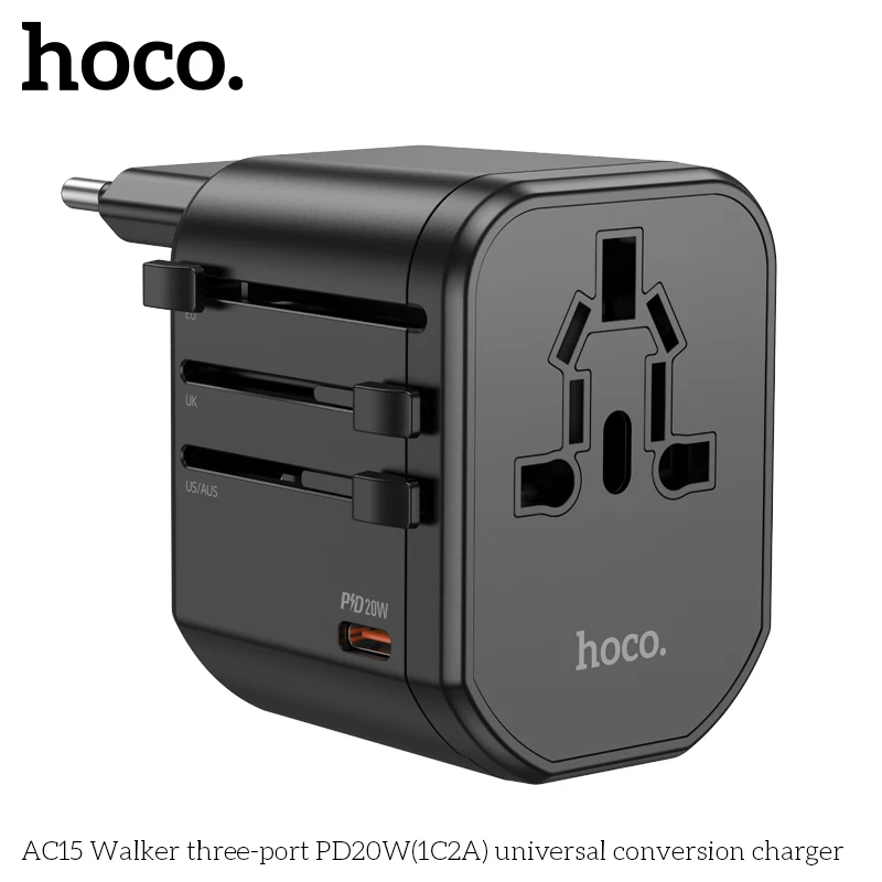 HOCO AC15 PD20W محول السفر العالمي شاحن يو اس بي تحويل ثلاثة منافذ المقابس نوع c الهاتف شحن سريع الولايات المتحدة الأمريكية الاتحاد الأوروبي المملكة المتحدة AUS المقابس