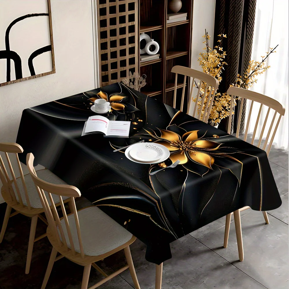 One black with gold trim floral printed tablecloth - Washable polyester rectangular table cover, suitable for banquetszyc