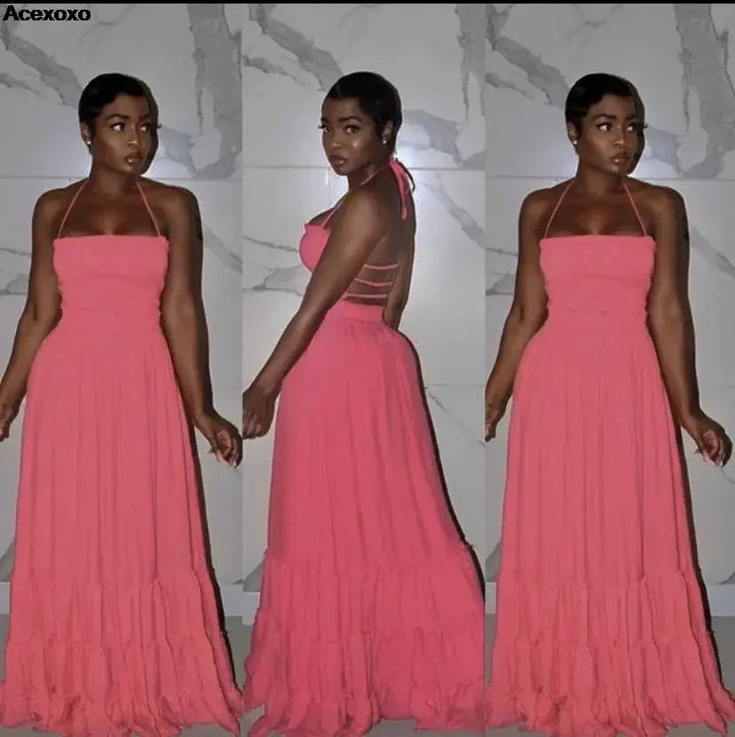 

2023 summer new women's solid color breast with backless fashion sexy pink mop loose dress