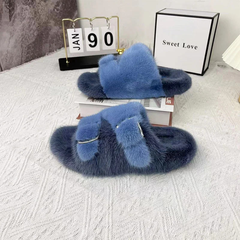 Women's New Slippers 100% Mink Hair Flat Bottom Cool Slippers Korean Edition Fashion Colored Casual Thickened Home Slippers