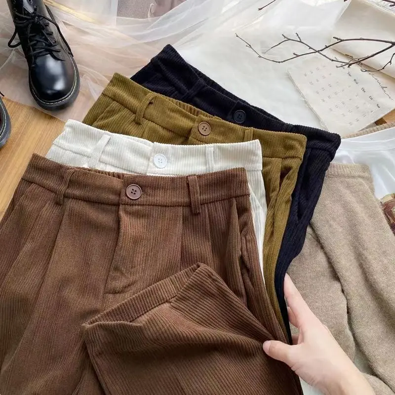 ZOKI High Waist Women Retro Corduroy Pants Fall Straight Causal Full Length Trousers Vintage Coffee Pockets All Match Pants New