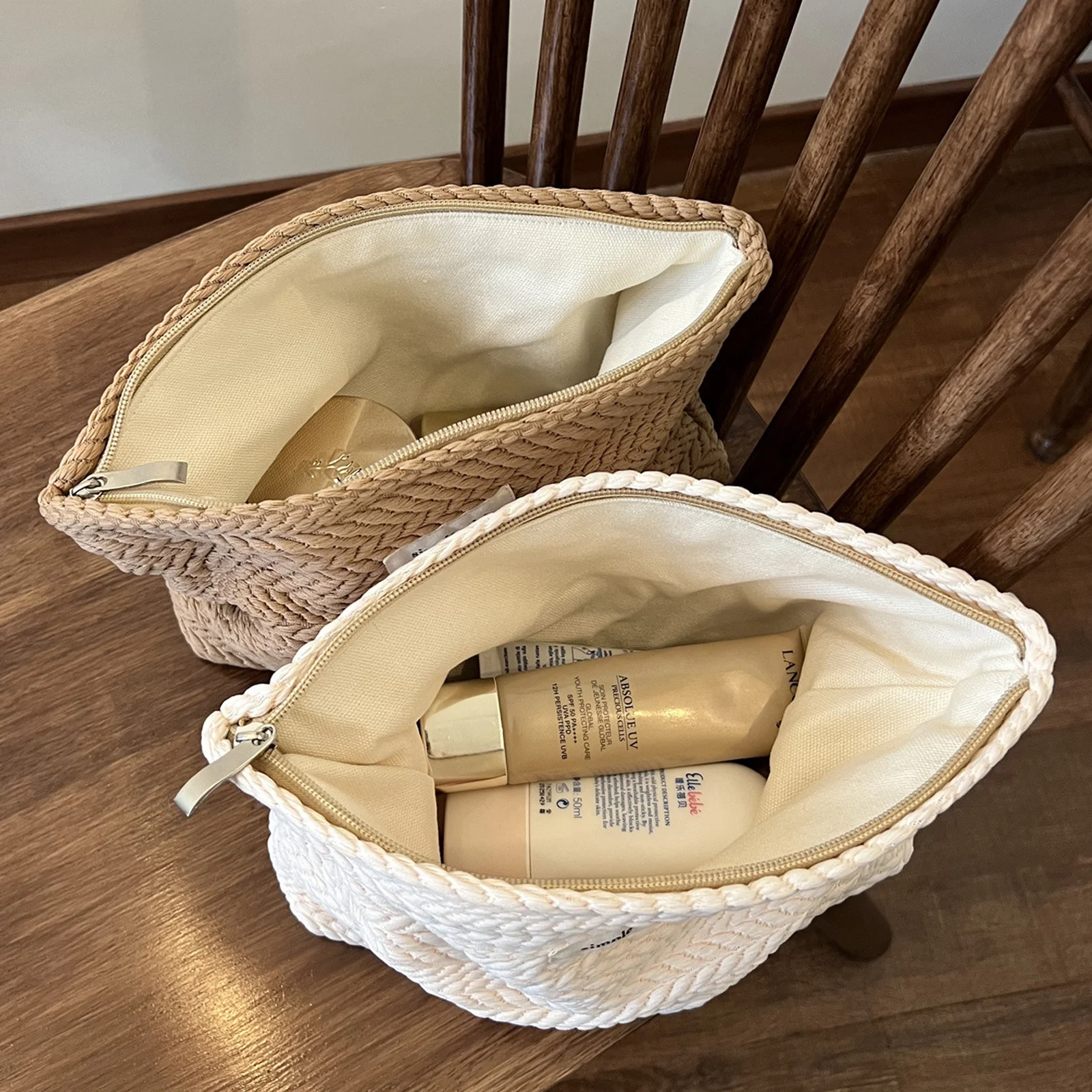 Wheat Ear Texture Cosmetic Bag, Large, Beautiful and Exquisite Minimalist Style Makeup Bag, Coin Storage, Portable Woven Texture Clutch Bag, Summer Vibe Clutch Bag, Zipper Pouch, Sanitary Napkin Storage Bag