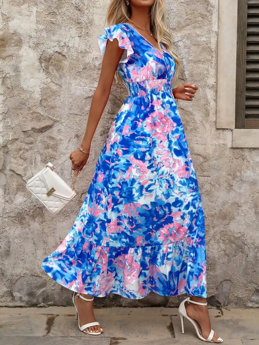 

Платье макси с цветочным принтом, V-образным вырезом, рукавами с рюшами и присборенной талией