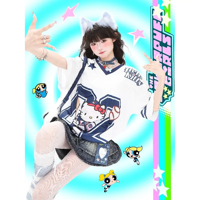 

Miniso Ретро модная брендовая милая мультяшная спортивная футболка с v-образным вырезом и короткими рукавами для мужчин и женщин, свободная повседневная быстросохнущая рубашка