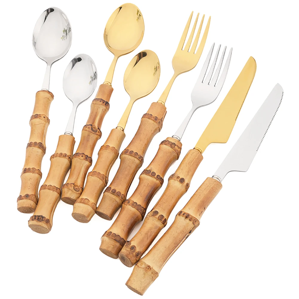 

24Pcs Imitation Bamboo Cutlery Set Vintage Knife Forks Coffee Spoon Dinnerware Set Stainless Steel Tableware Kitchen Silverware