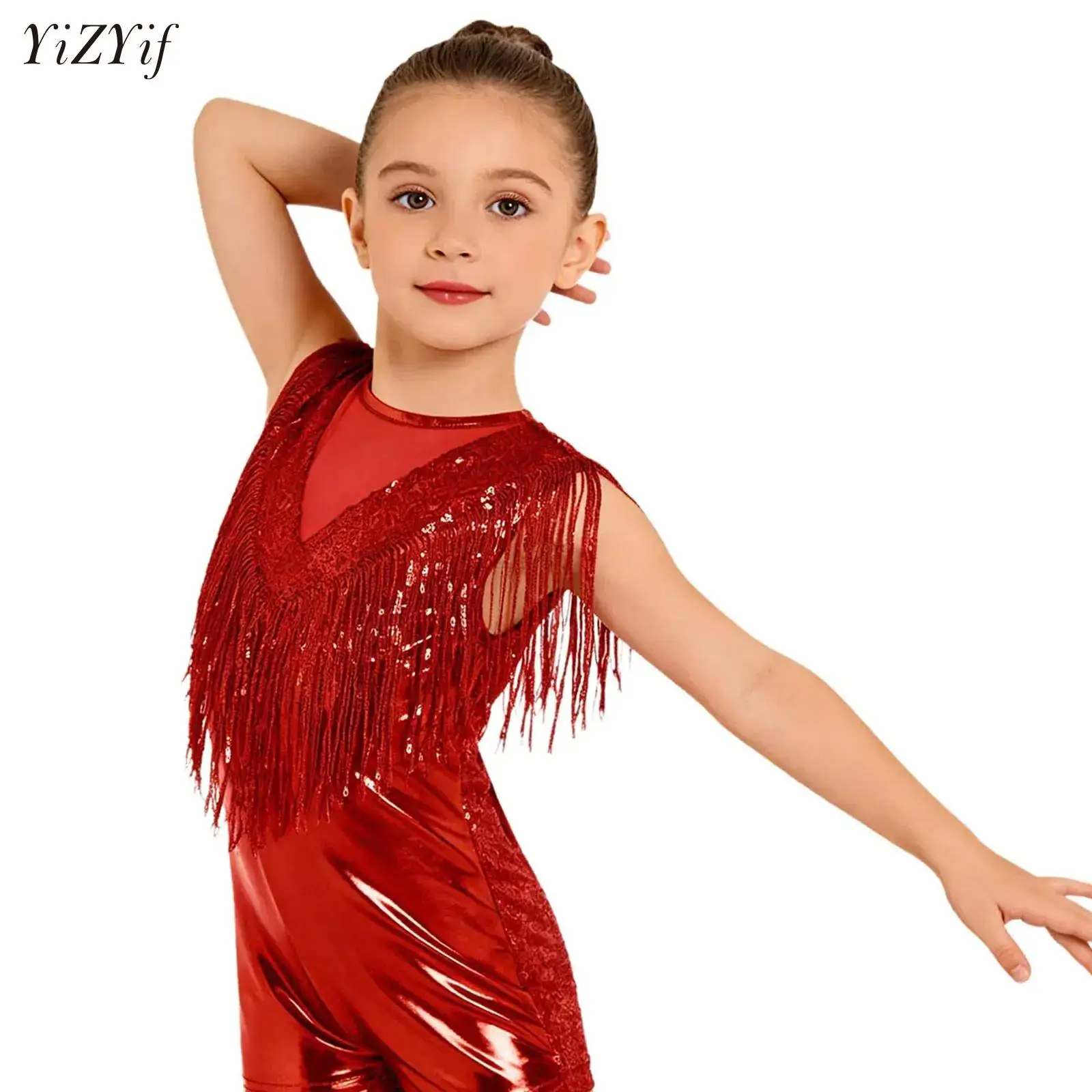 

Kid Girls Hippie Shorty Jumpsuit Sequins Tassel Dance Leotard Children Latin Jazz Dance Costume Hiphop Party Performance Clothes