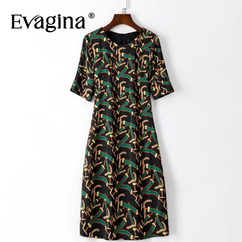 

Evagina Print Short Sleeve New Fashion Design Summer Women's Dress Streetwear Black Slim Waist Dresses