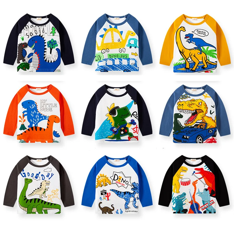 Year Children's Clothing T-Shirts 2-10 Cartoon Dinosaur Letter Splicing Stripe O-neck Boys Clothes 2023 New Fashion Kids Clothes