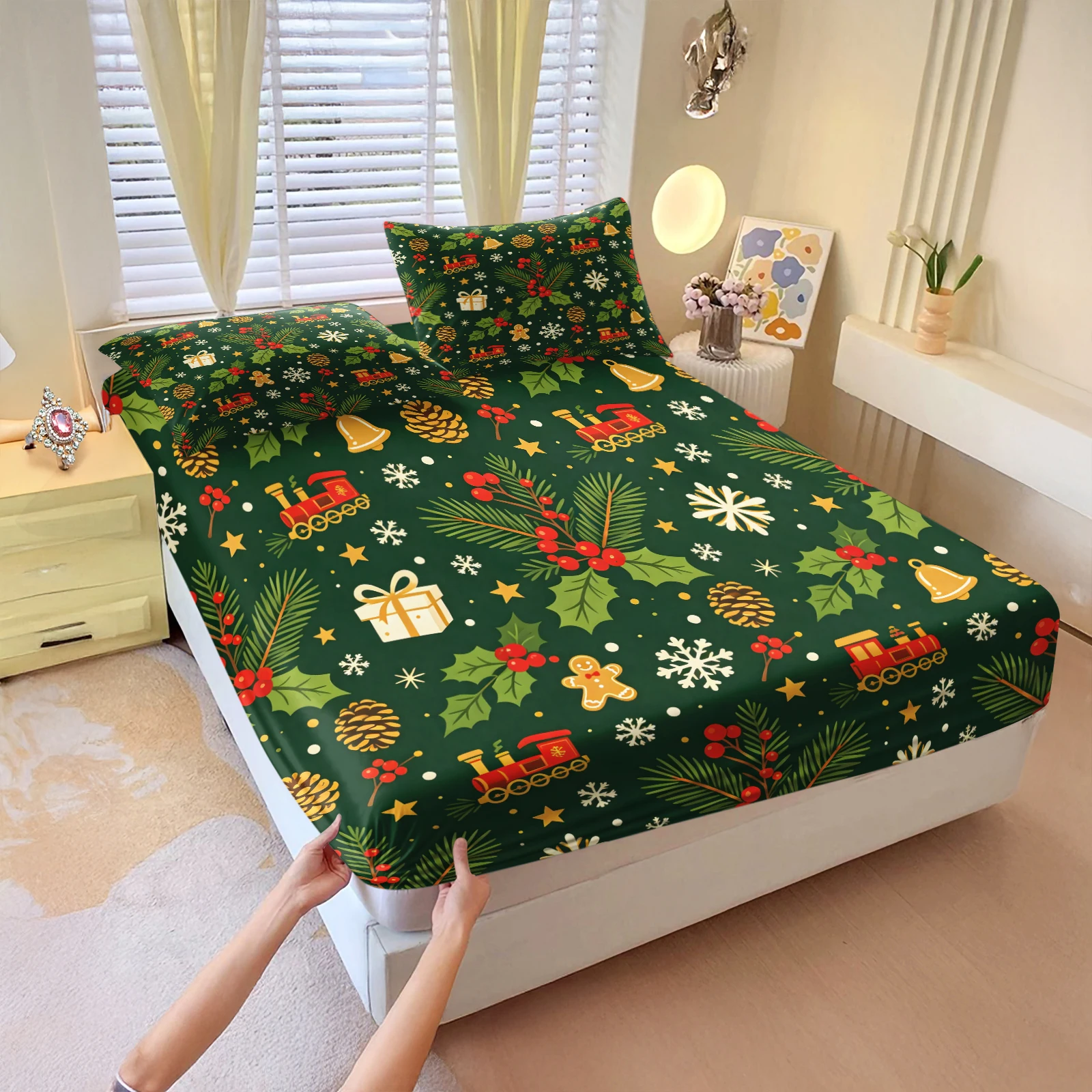 Dark Green Christmas Fitted Sheet Set Xmas Gingerbread Man Train Holly Pine Cone Snowflake Gift Print Deep Pocket Mattress Cover