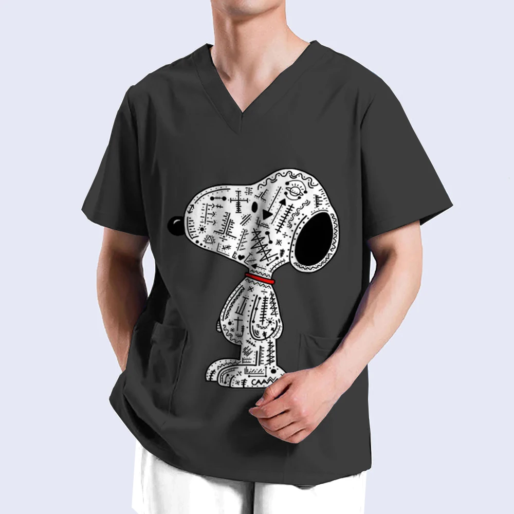 Medical uniform men's nurse Snoopy printed frosted cloth solid V-neck short sleeved shirt hospital top surgical gown men's denti