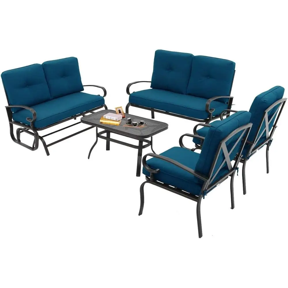 

6-Seat Outdoor Patio Furniture Set: Swing Glider, Loveseat, Coffee Table, 2 Lounge Chairs with Peacock Blue Cushions