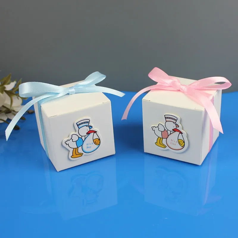

White Gift Box with Bird Bear Card and Ribbon Paper Candy Boxes Packaging for Boys and Girls Baby Shower Birthday Favor Party