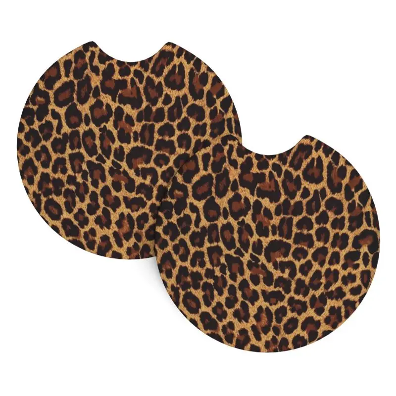 2 Pack Absorbent Car Coasters - 2.7 Inch Cute Leopard Cup Holder Mat for Women, Removable Car Interior Coasters