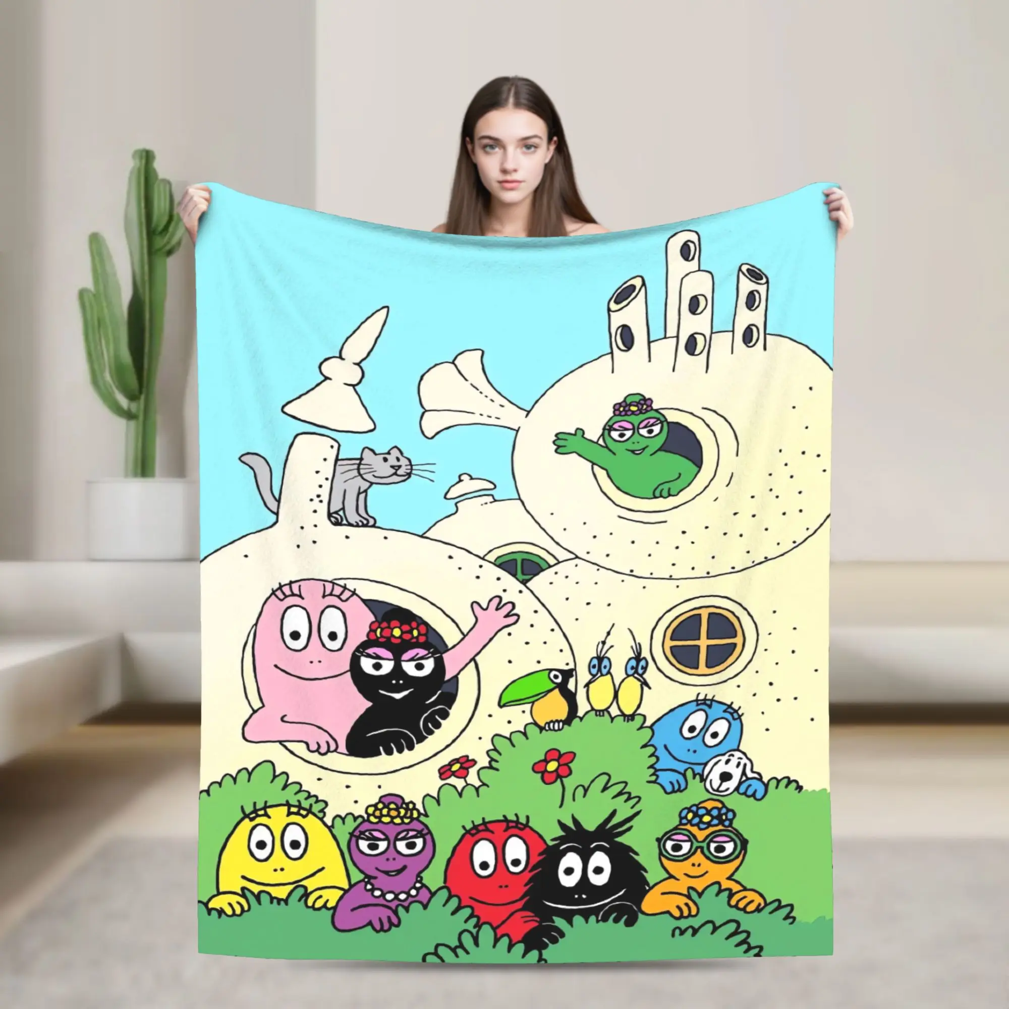 Cute Les Barbapapa Cartoon Flannel Blanket  Warm Throw Blanket for Outdoor Travel Novelty Bedspread Sofa Bed Cover