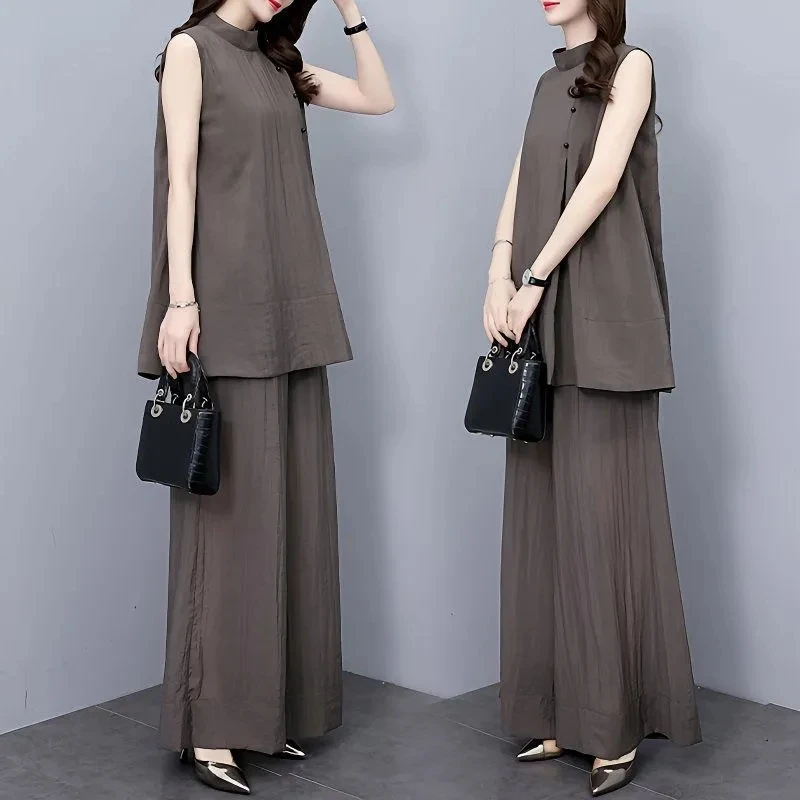 Модный женский костюм, новинка лета 2023, женские широкие брюки, свободный наряд без рукавов, темпераментный легкий ветер, комплект из двух предметов