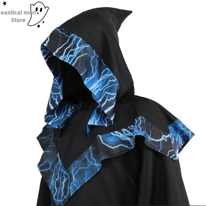 Túnica de hechicero místico oscuro Medieval para hombre, disfraz de Halloween, capa con capucha, capa de Cosplay, trajes de bata gótica para fiesta de Carnaval