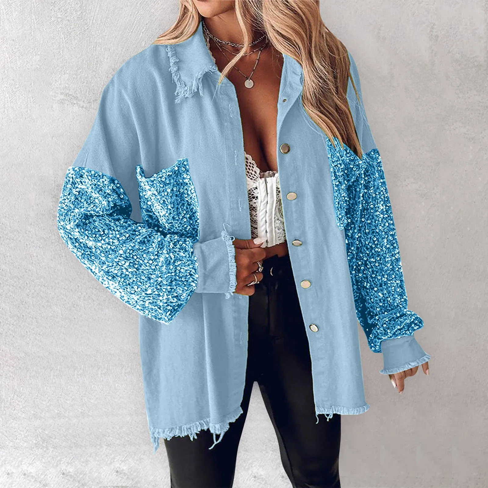 Lady Sequin Patchwork Jacket Turndown Collar Long Sleeve Jacket Top Cardigans Button Front Oversized Denim Shacket Woman Coat