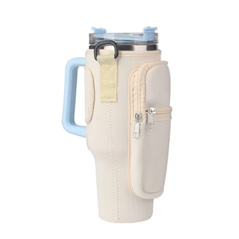 포켓이 있는 물병 캐리어 백, 스탠리 40 oz 텀블러, 손잡이가 있는 네오프렌 스포츠 물병 거치대 파우치 