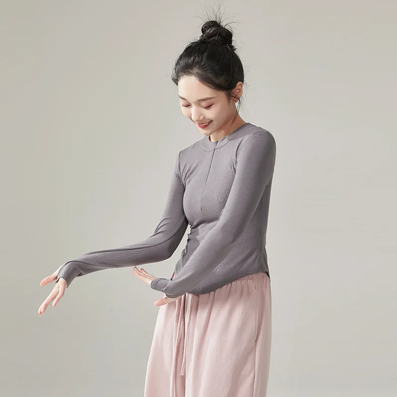 Modern dance V-neck knitted slim-fit cover finger zipper long-sleeved top classical dance autumn and winter practice clothes