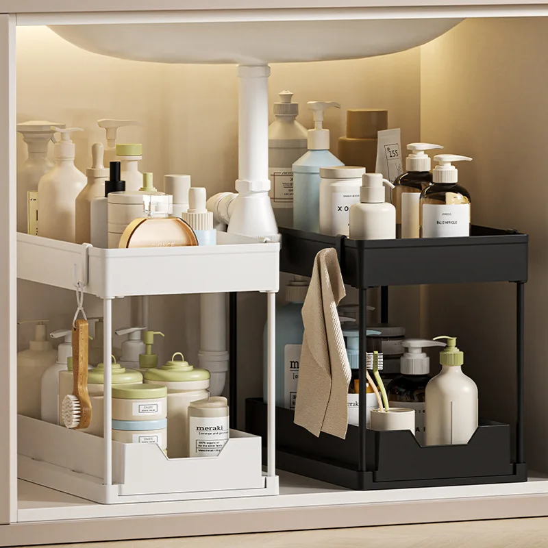 

Double layer pull-out kitchen storage rack, draining and simple organizing rack, household multifunctional storage rack