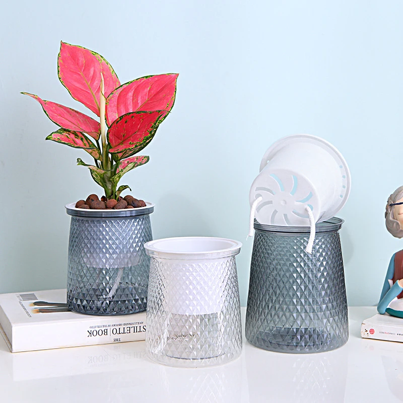 Vaso de plantas com rega automática, vaso de flores de plástico transparente, camada dupla, automático, preguiçoso, vaso hidropônico, jardim, casa, decoração