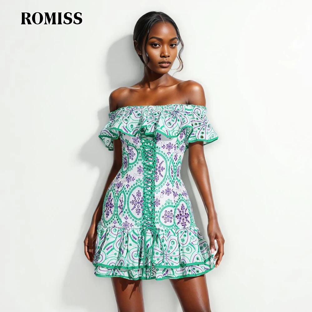 

ROMISS Hollow Out Mini Dresses For Women Slash Neck Bufferfly Sleeve Tunic Spliced Lace Up Summer Dress Female Clothing