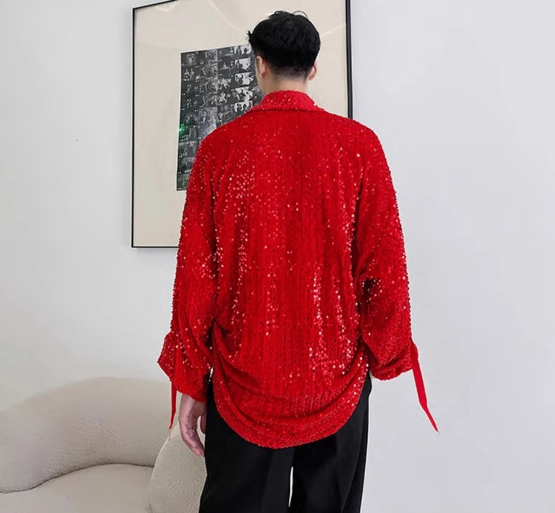 Red Korean Shirt Trendy Stage Outfit Unisex Velvet Sequin Personality Shiny Reflective Nightclub Party Performance Costume