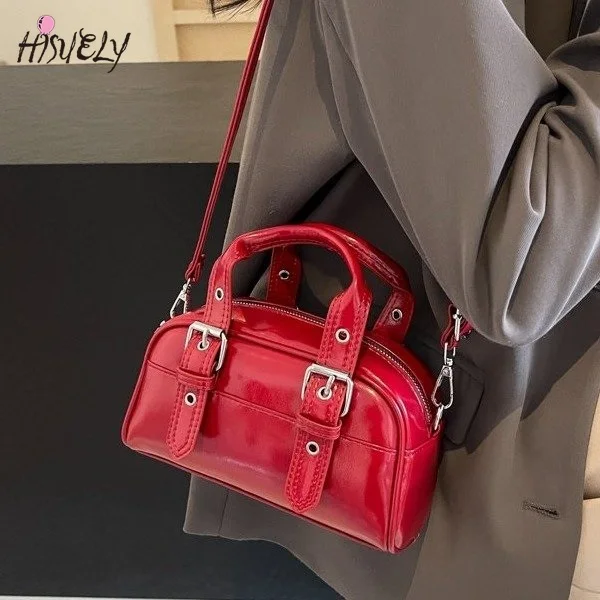 

Vintage Belt Design Small PU Leather Underarm Bags for Women 2025 Top Handle Handbags Y2K Crossbody Bag Lady Red Shoulder Bag