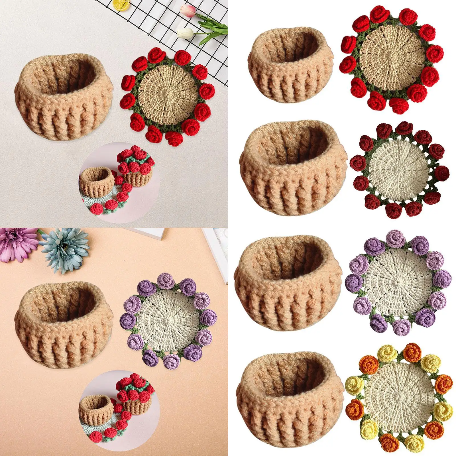 Beginner Crochet Kit Knitting Flower Housewarming Gift Home Decor Coaster Crochet Starter Kit for Office Table Home Adults Women