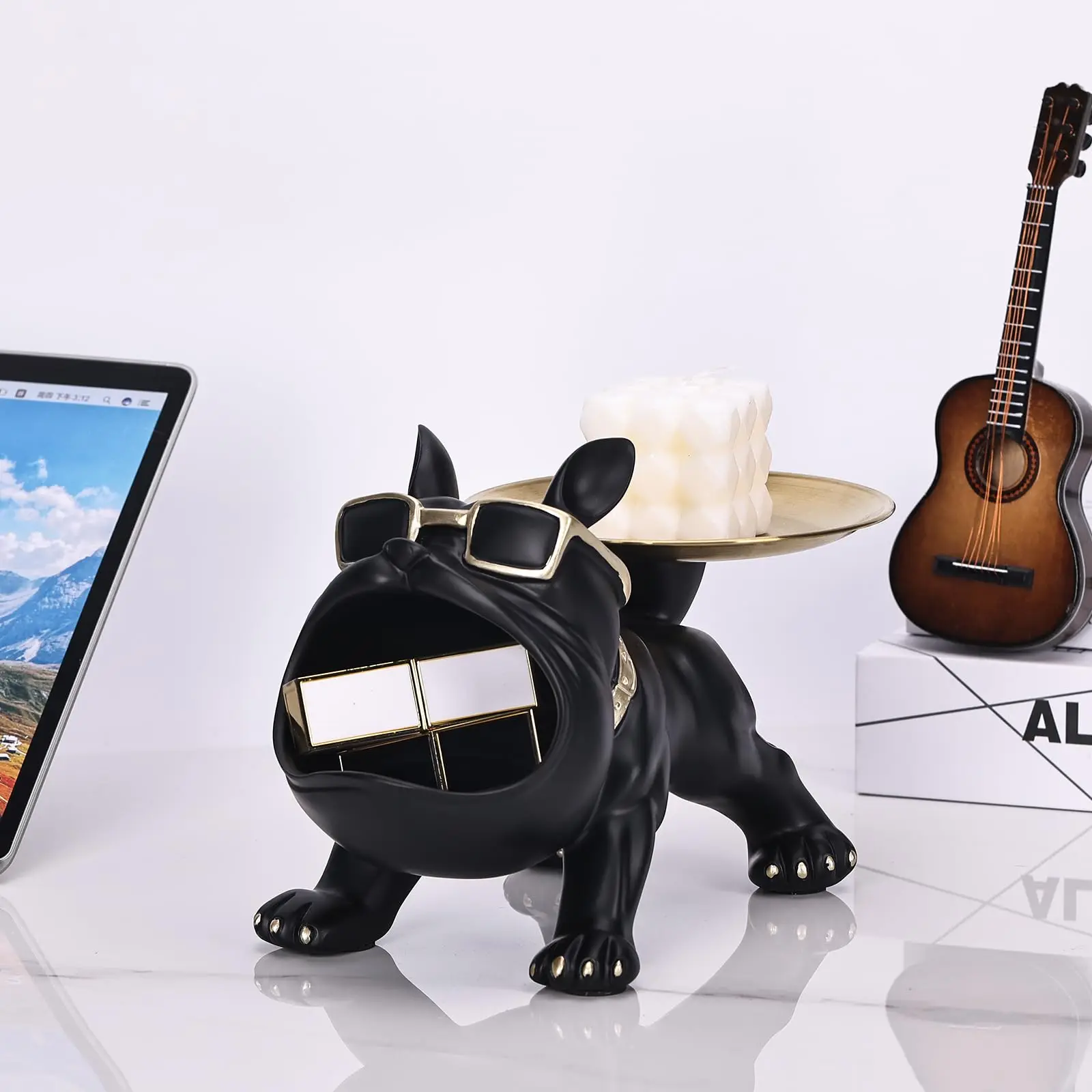 Resin Dog Figurine Statue Craft Animal Ornament with Storage Box Puppy Sculpture Home Decor Artwork