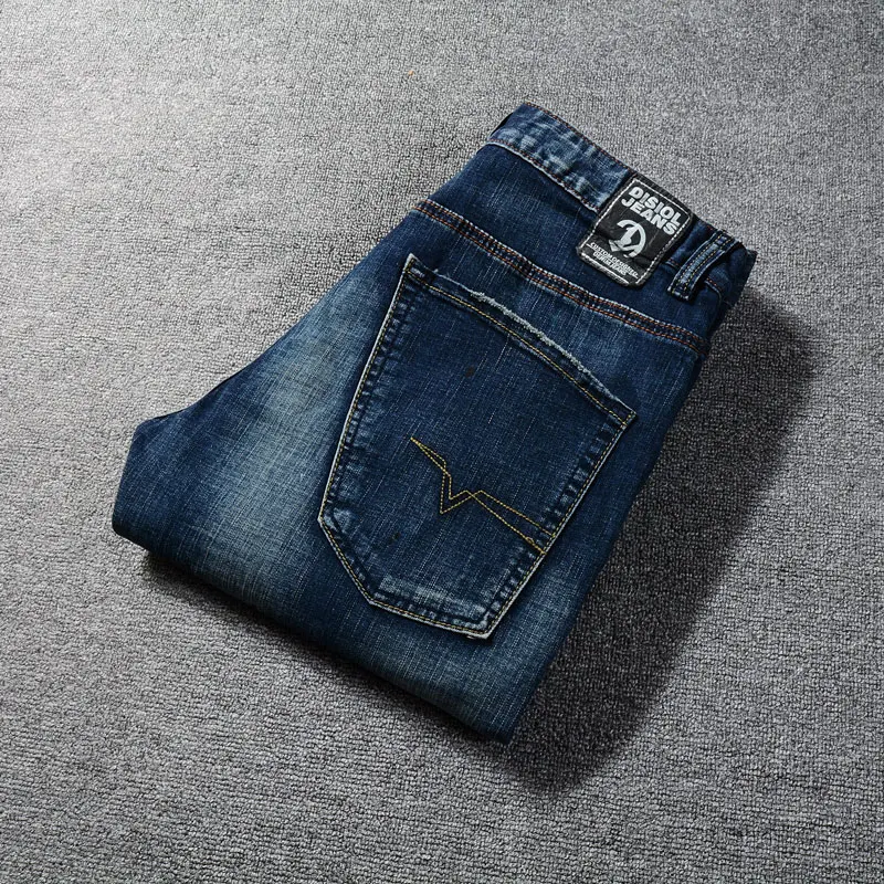 Fashion Designer Men Jeans High Quality Retro Dark Blue Stretch Slim Fit Painted Ripped Jeans Men Vintage Denim Pants Hombre