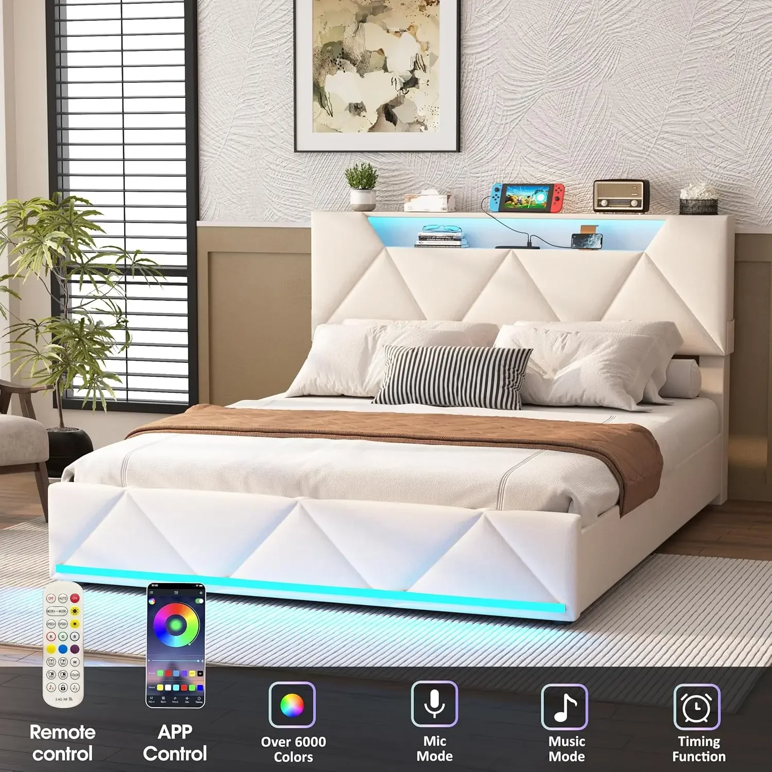 Vabches Bed Frame Queen with Storage Headboard&4 Drawers Upholstered Platform Bed Frame with Charging Station&LED Lights Bedroom image 4