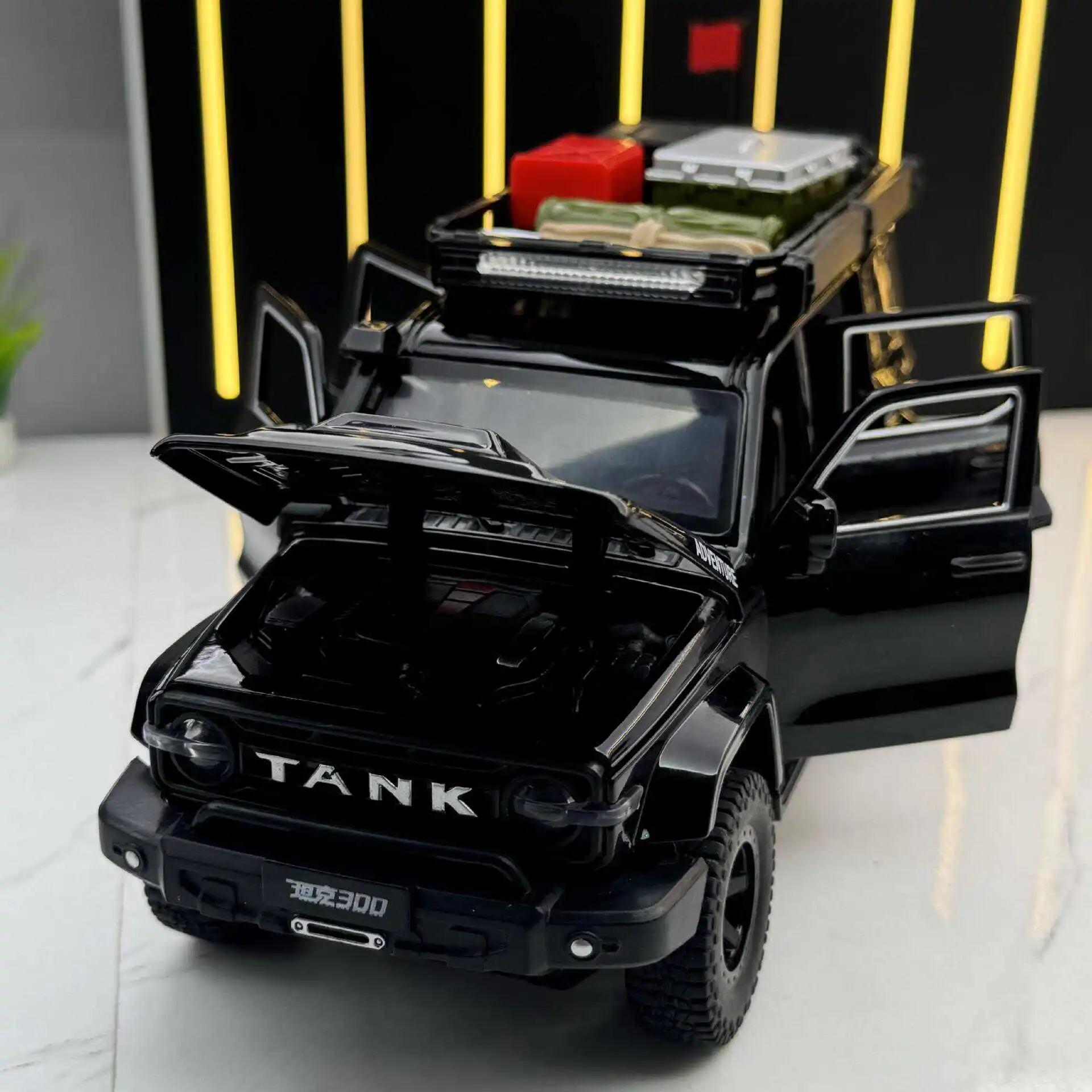 1:24 tanque 300 2024 veículo off-road liga modelo de carro som e luz puxar para trás brinquedo das crianças colecionáveis presente de aniversário