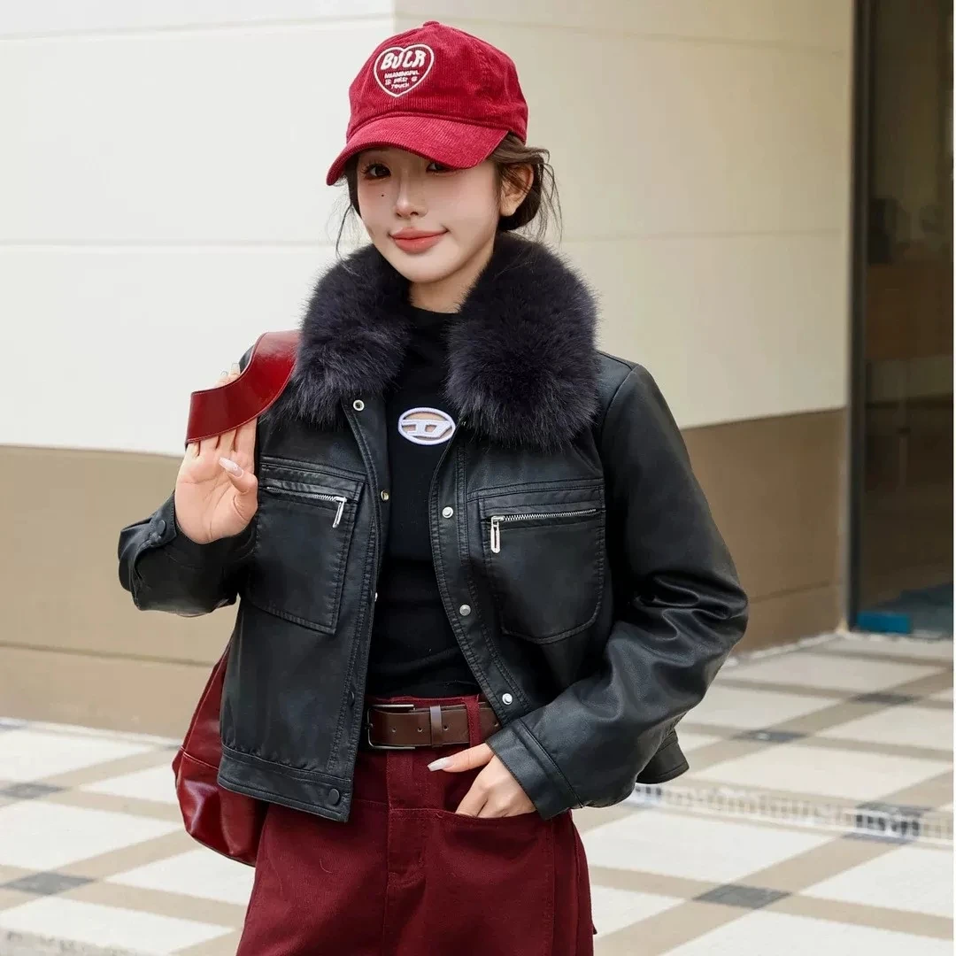 Womens Faux Fur Collar Jacket Faux Leather Jackets Down cotton Short PU Coat Autumn Winter Pockets Casual Biker Outerwear