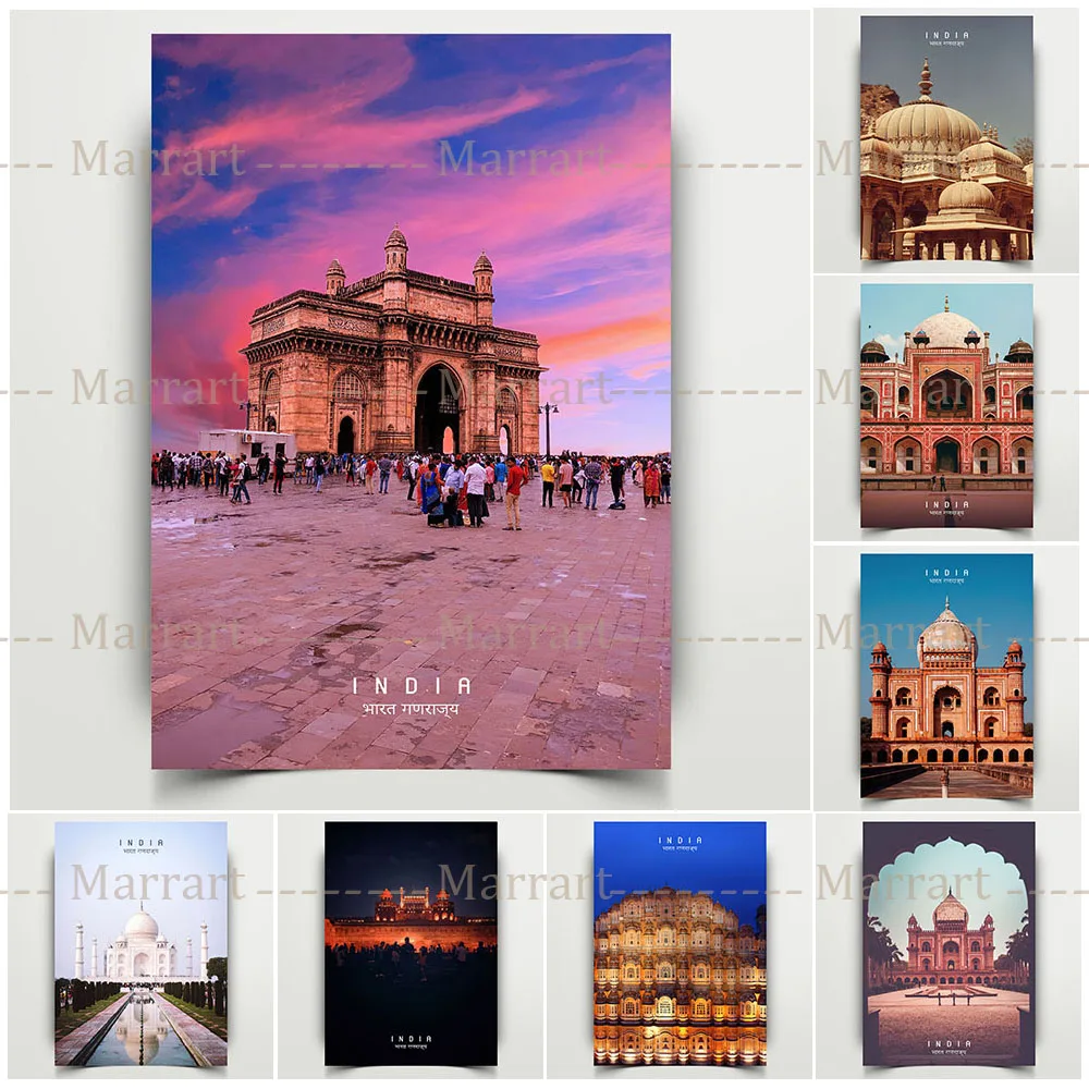 Taj Mahal And Indian Landmarks Modern Landscape Art Poster Prints Indian Architectural Tourism Wall Art Home Decor Canvas Prints