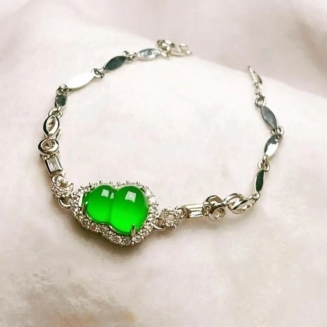 

Myanmar Laokeng sterling silver inlaid jadeite high ice all green gourd bracelet