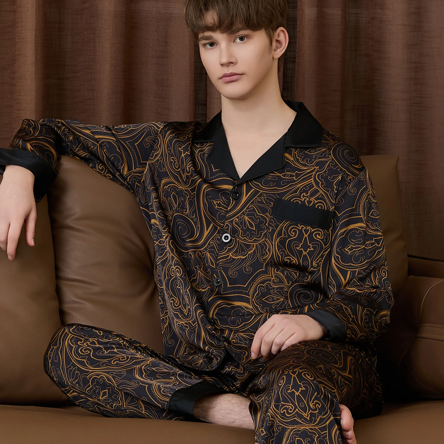 2026 Men's Spring Autumn Long Sleeve Pajamas Lightweight Ice Silk Jacquard Loungewear for Casual Comfort XXXL Size Soft Cozy