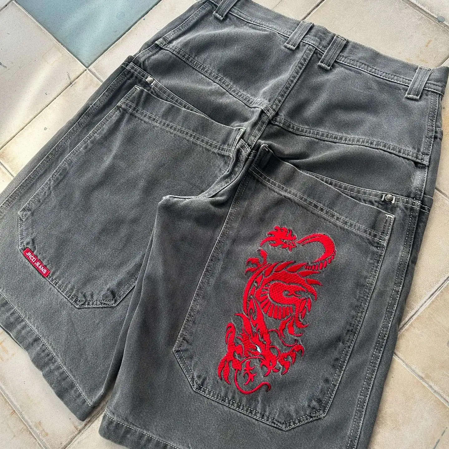 Pantalones cortos de mezclilla holgados con patrón de dragón rojo para hombres y mujeres, pantalones de chándal y2k, ropa de calle de hip hop, pantalones cortos de baloncesto, Harajuku, Vintage, JNCO