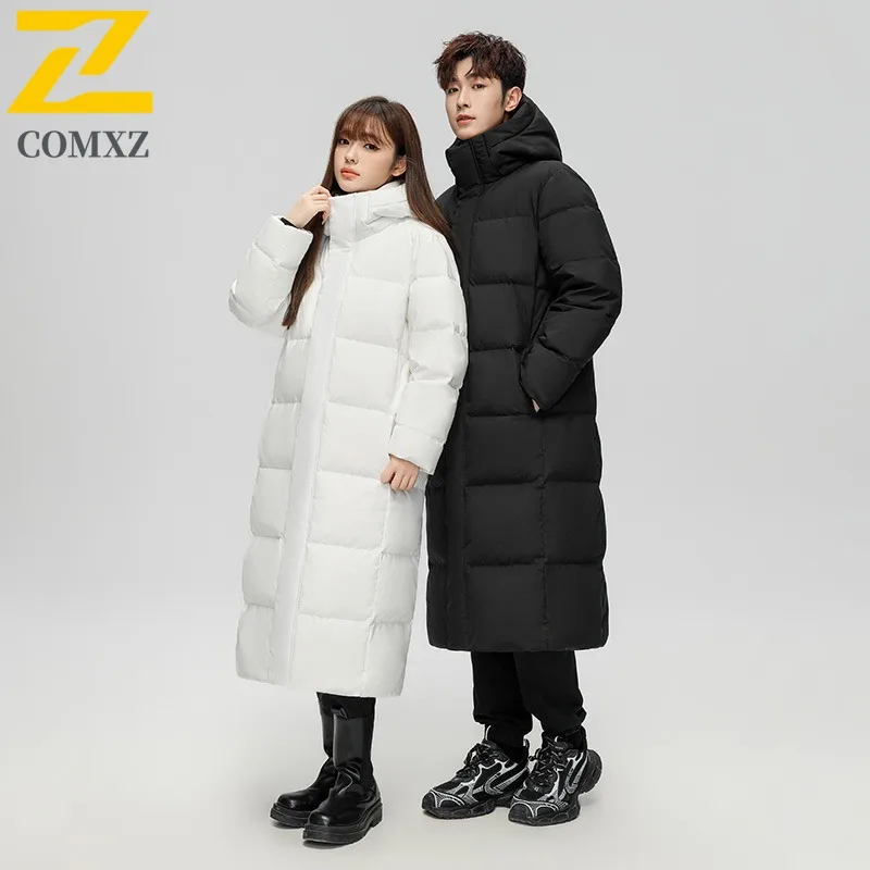 COMXZ 2025 Winter Ski Long Down Jacket Men Trendy Leisure Solid Color White Duck Down Coat Brand Outdoor Warm Lightweight Puffer